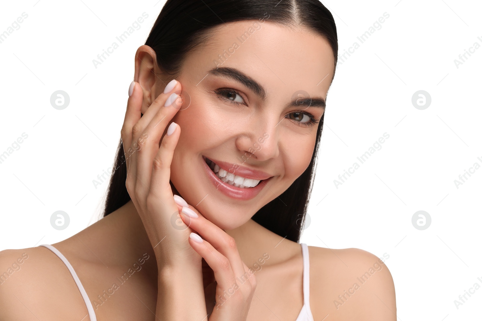 Photo of Beautiful woman with healthy skin on white background