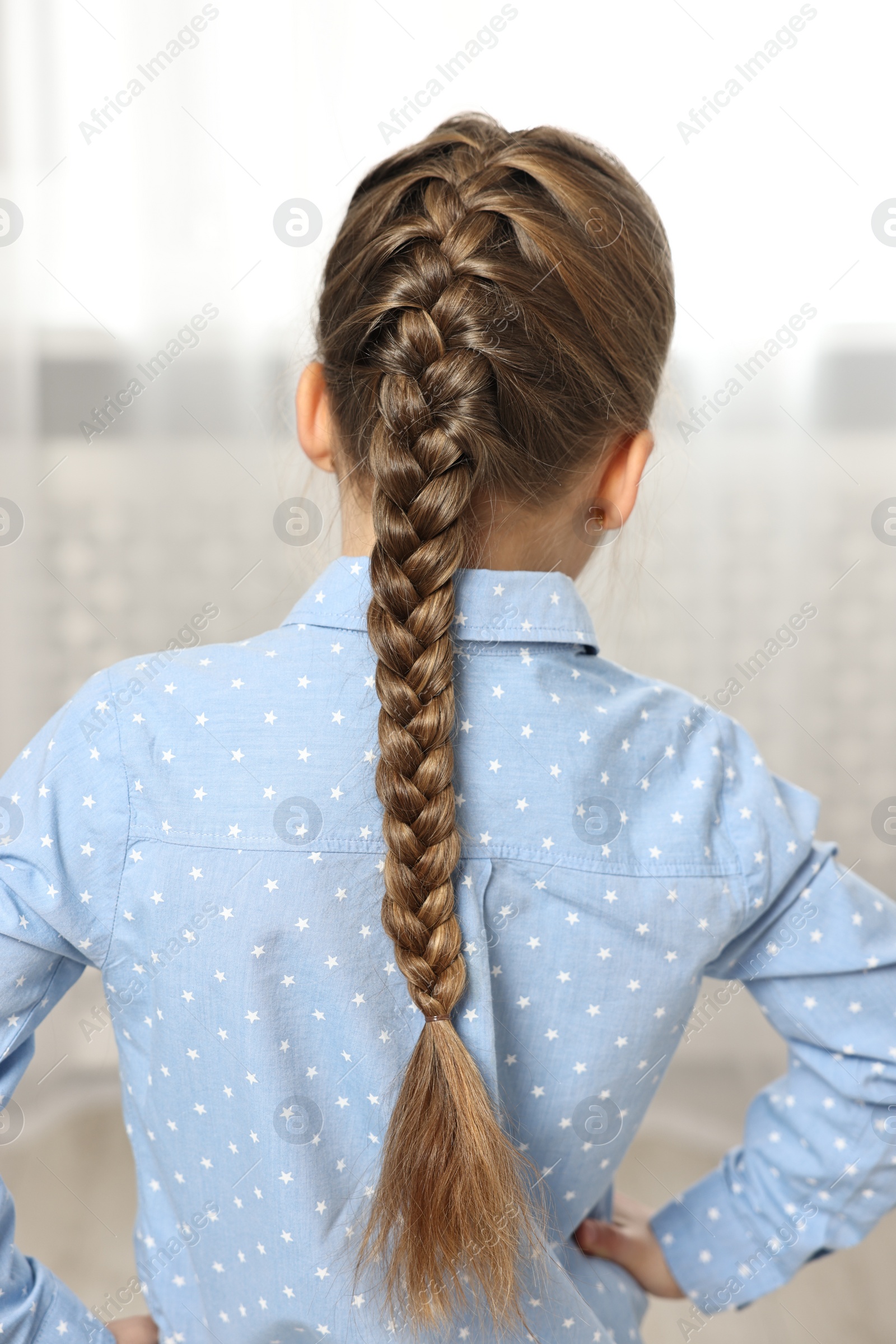 Photo of Little girl with braided hair indoors, back view