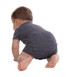 Photo of Cute baby crawling on white background, back view