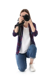 Photo of Professional photographer taking picture on white background