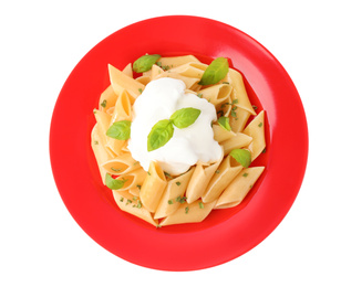 Tasty pasta with sauce and basil isolated on white, top view