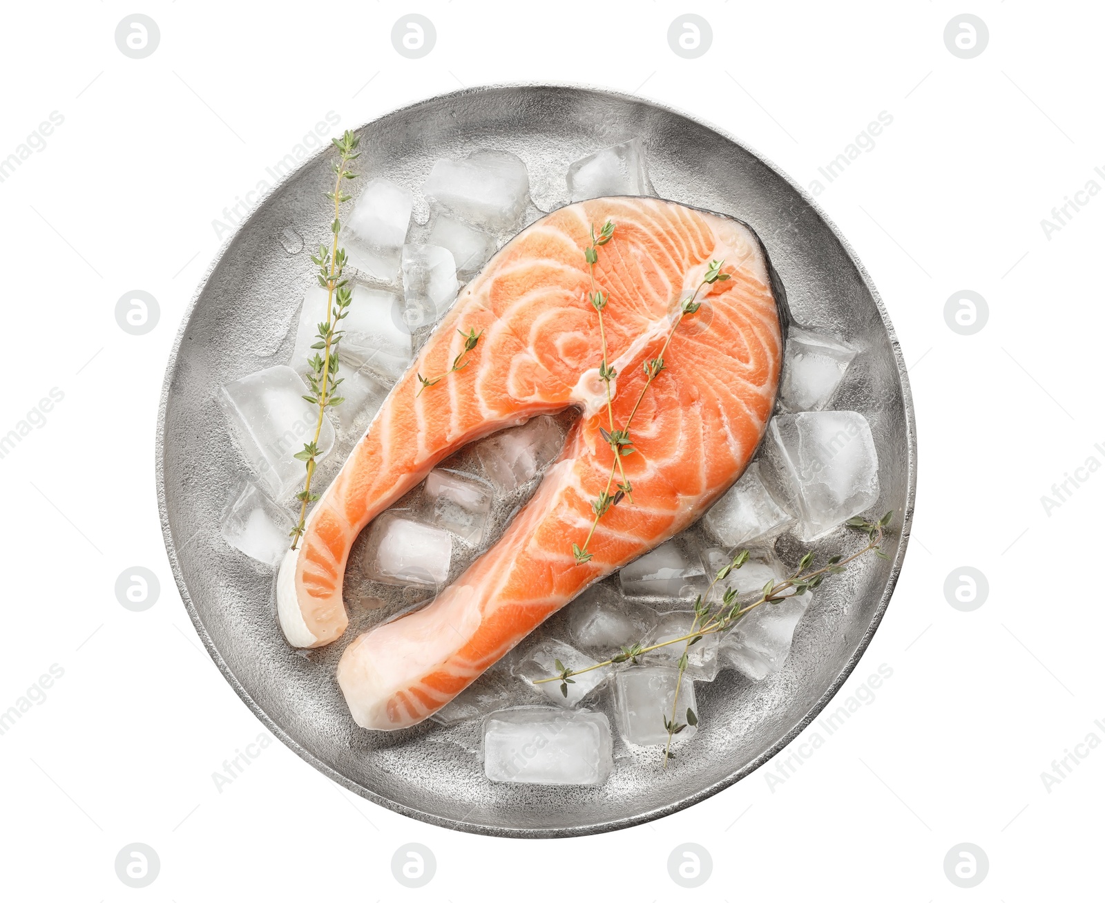 Photo of Plate with fresh raw salmon steak and ice cubes on white background, top view