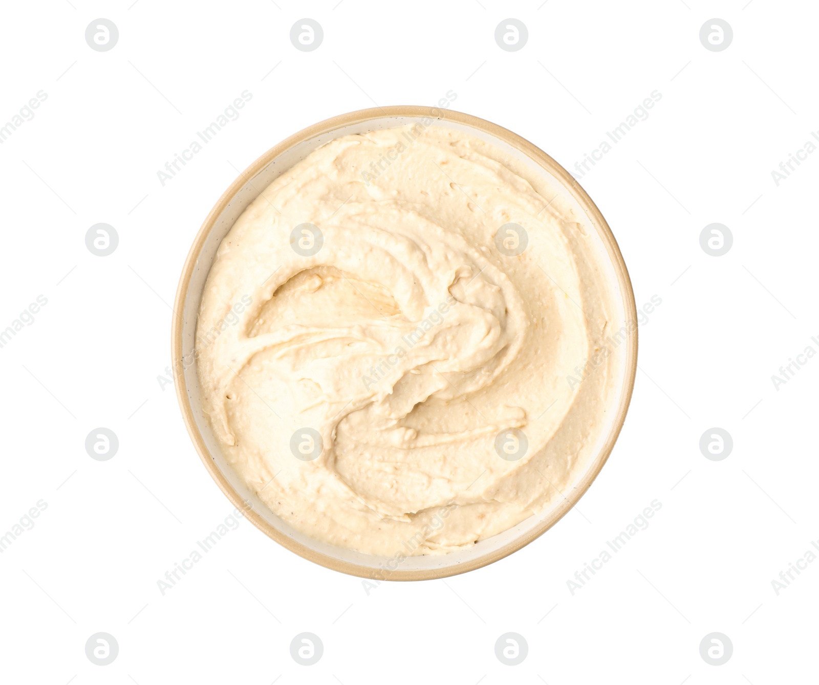 Photo of Tasty hummus in bowl isolated on white, top view