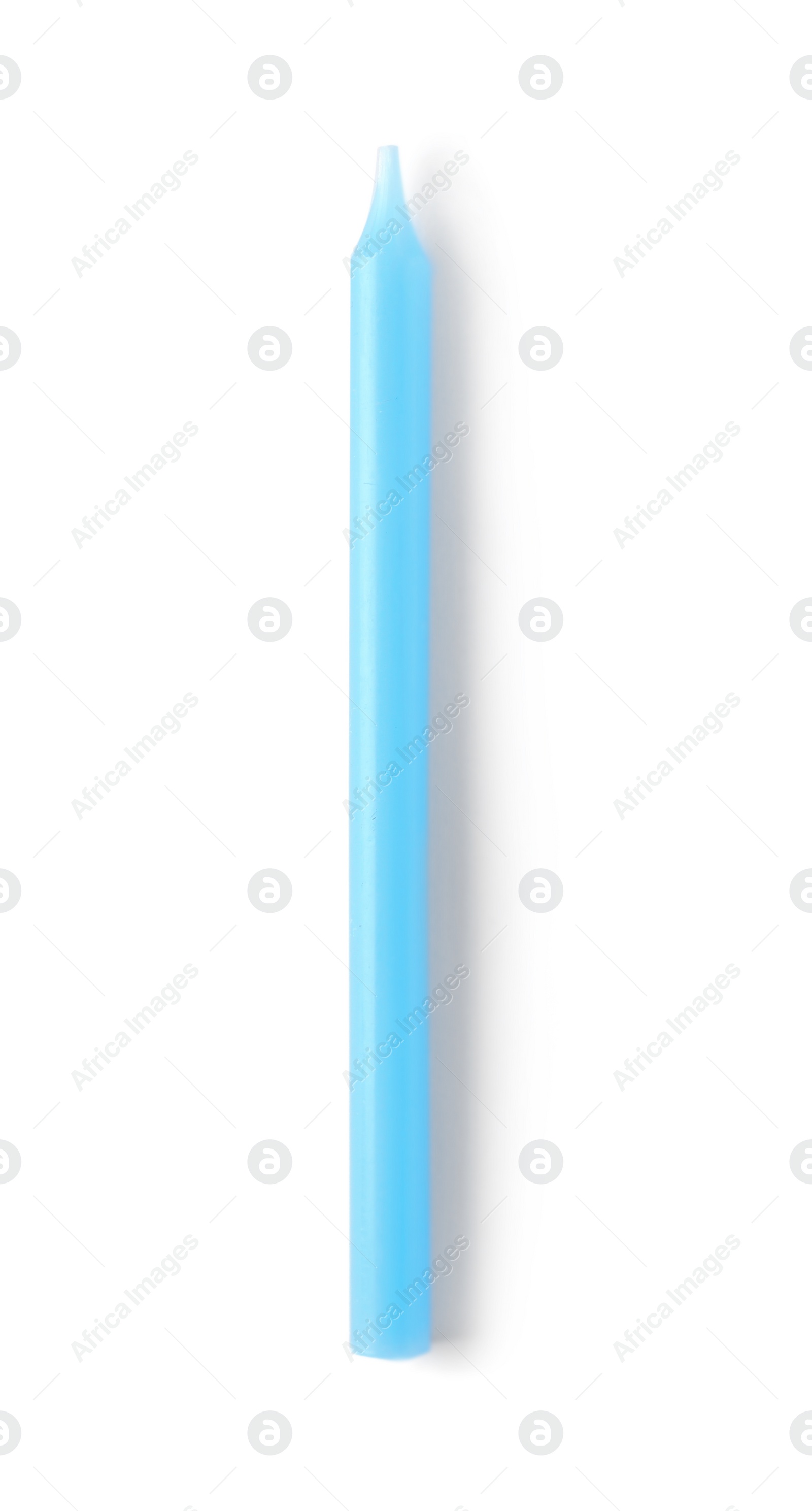 Photo of Blue birthday candle isolated on white, top view