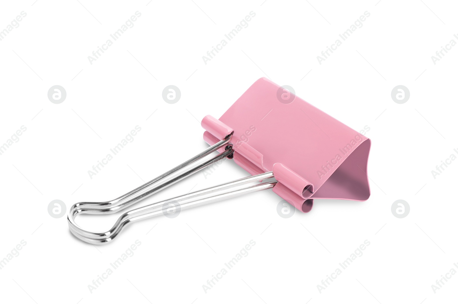 Photo of Pink binder clip isolated on white. Stationery item