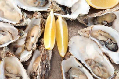 Photo of Fresh oysters with cut juicy lemon, top view