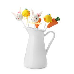 Photo of Different delicious cake pops on white background. Easter holiday