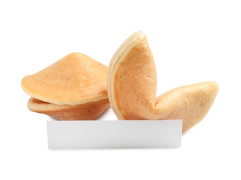 Photo of Traditional fortune cookies with prediction on white background