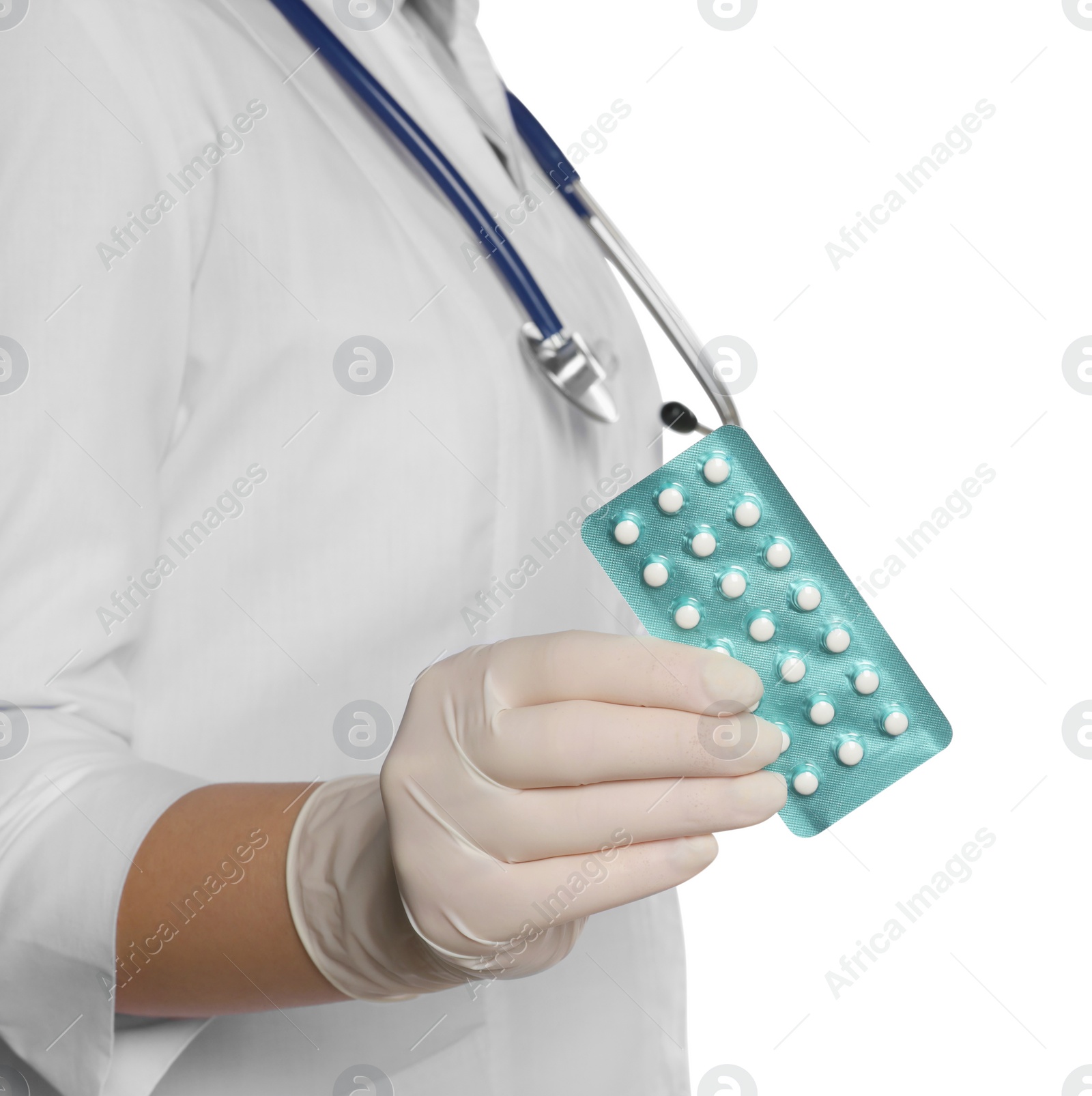 Photo of Doctor holding blister of oral contraception pills on white background, closeup