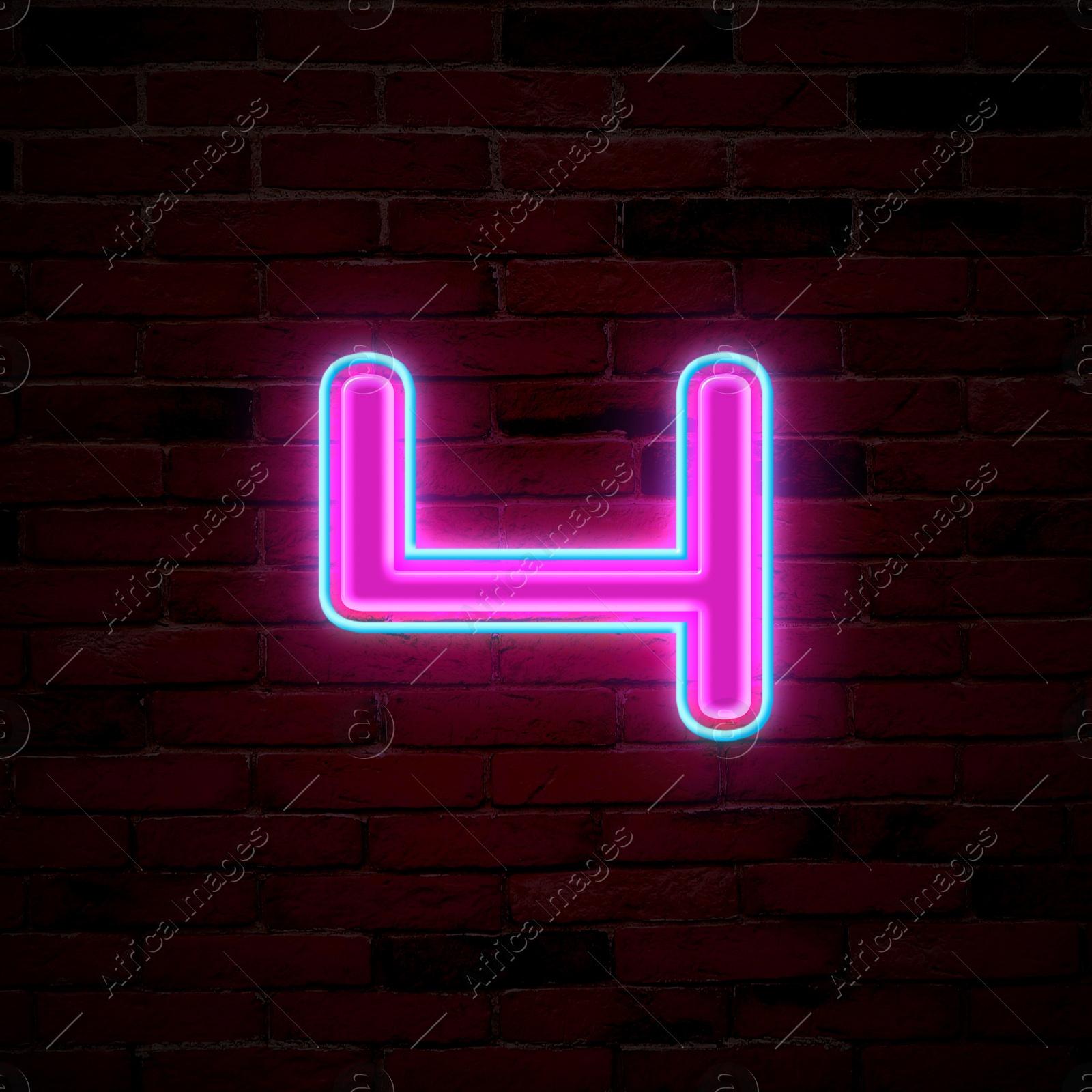 Image of Glowing neon number 4 sign on brick wall