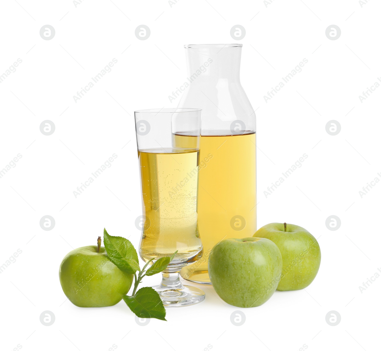 Photo of Delicious cider and green apples isolated on white