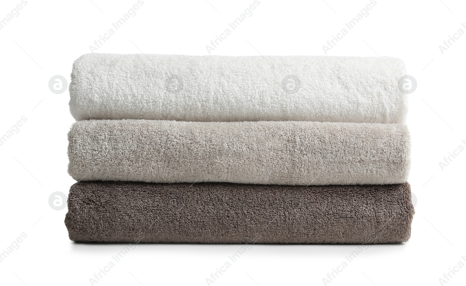 Photo of Stack of clean soft towels on white background