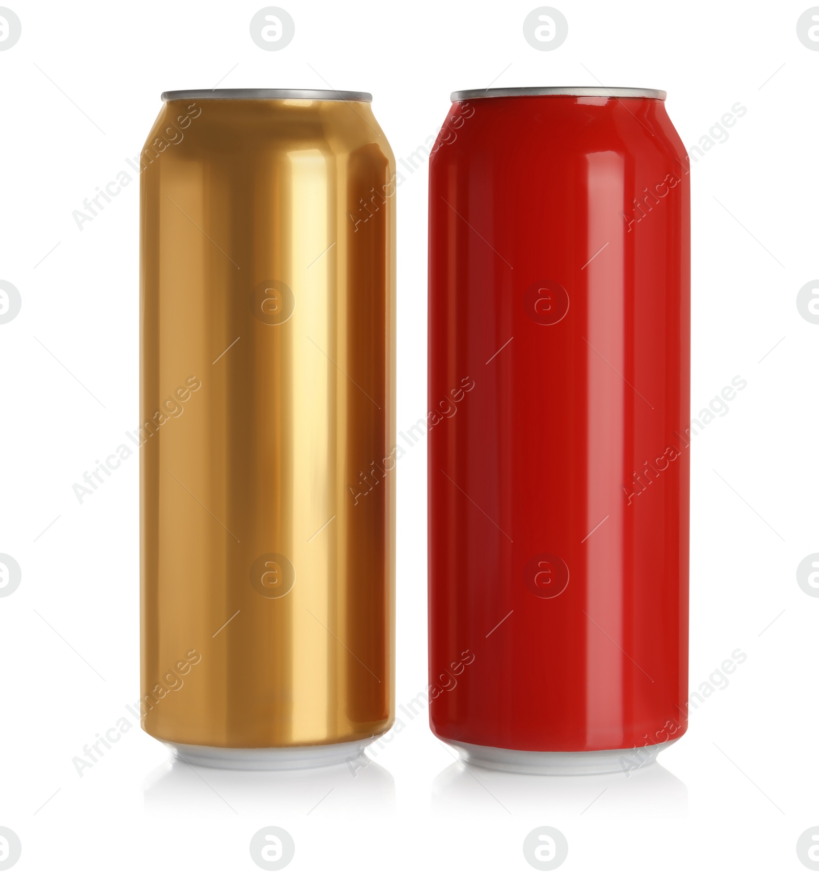 Photo of Aluminum cans with drinks on white background