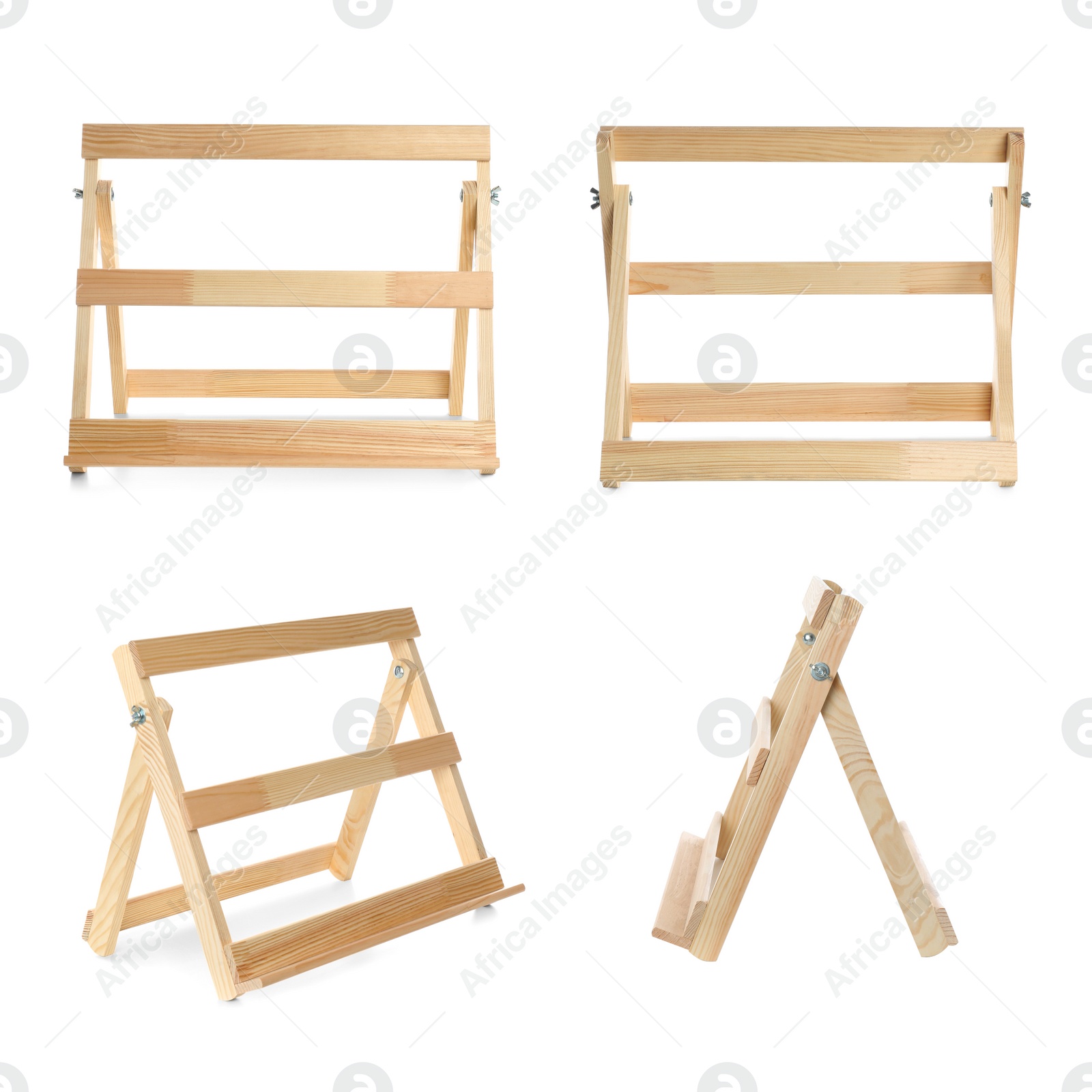 Image of Set with wooden easels on white background 