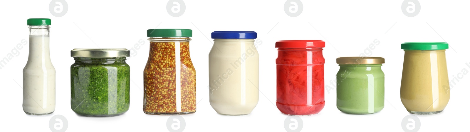 Image of Set with delicious sauces in glassware on white background. Banner design