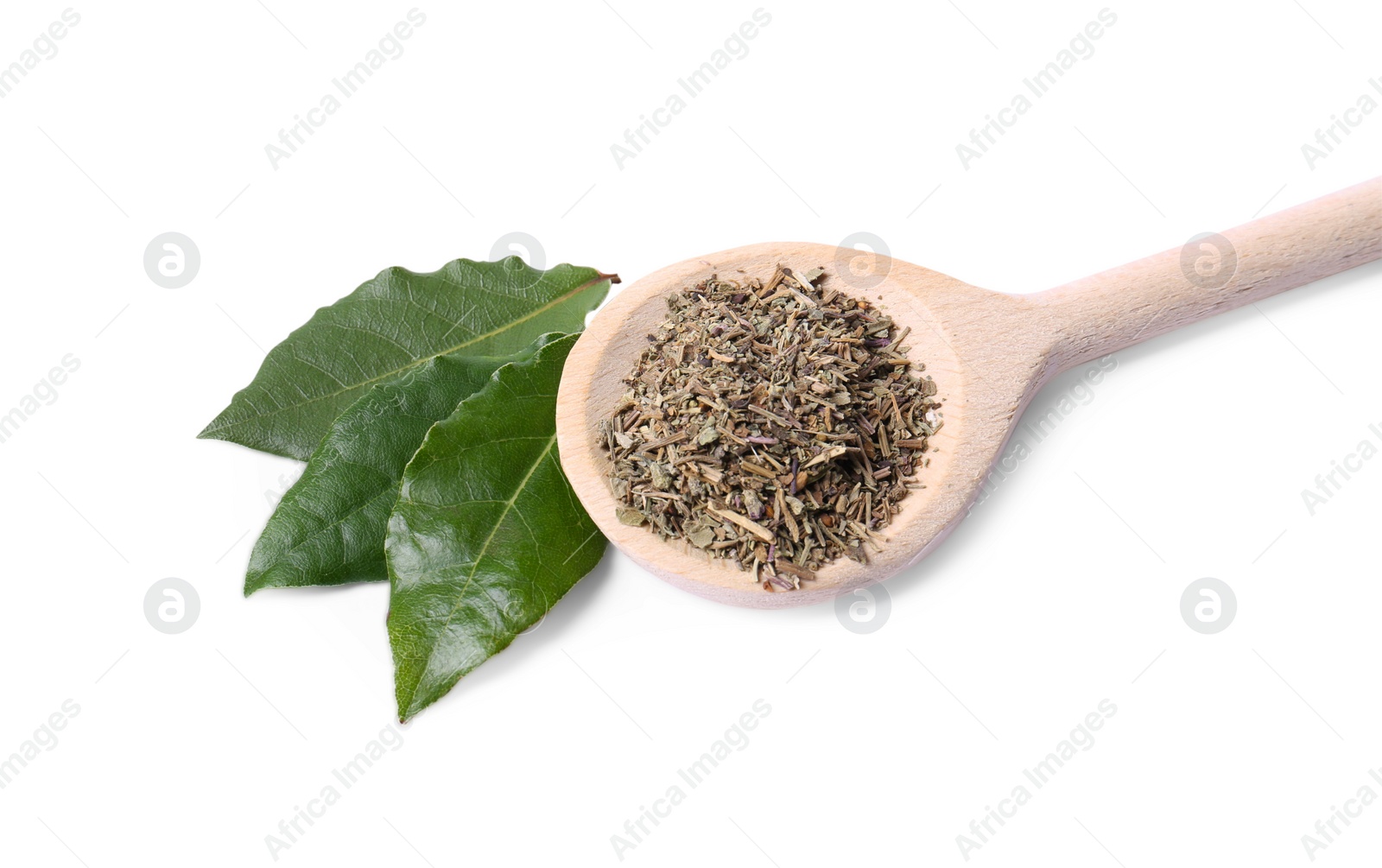 Photo of Spoon with different spices and fresh bay leaves on white background, above view