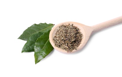 Photo of Spoon with different spices and fresh bay leaves on white background, above view