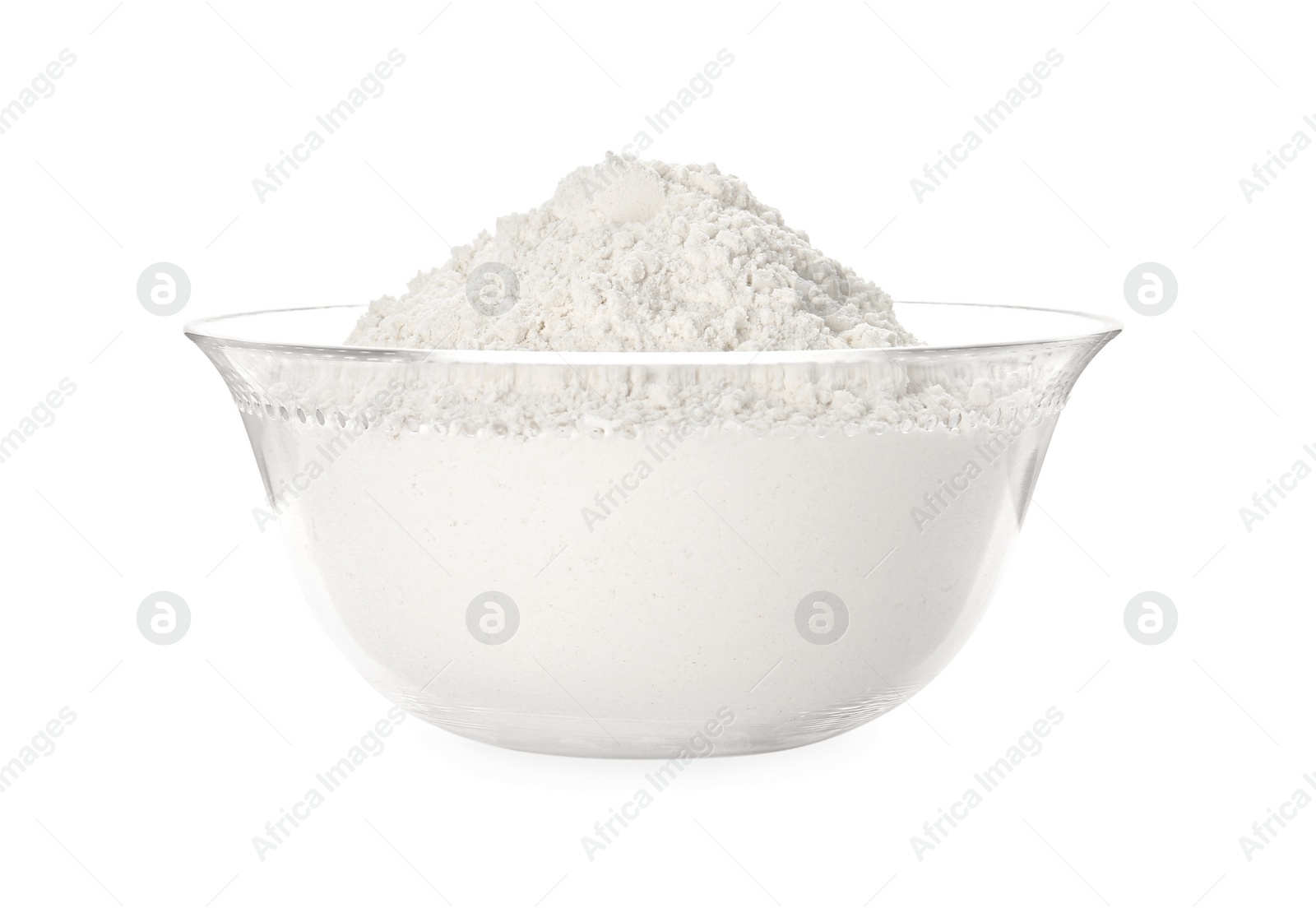 Photo of Organic flour in glass bowl isolated on white