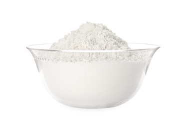 Photo of Organic flour in glass bowl isolated on white