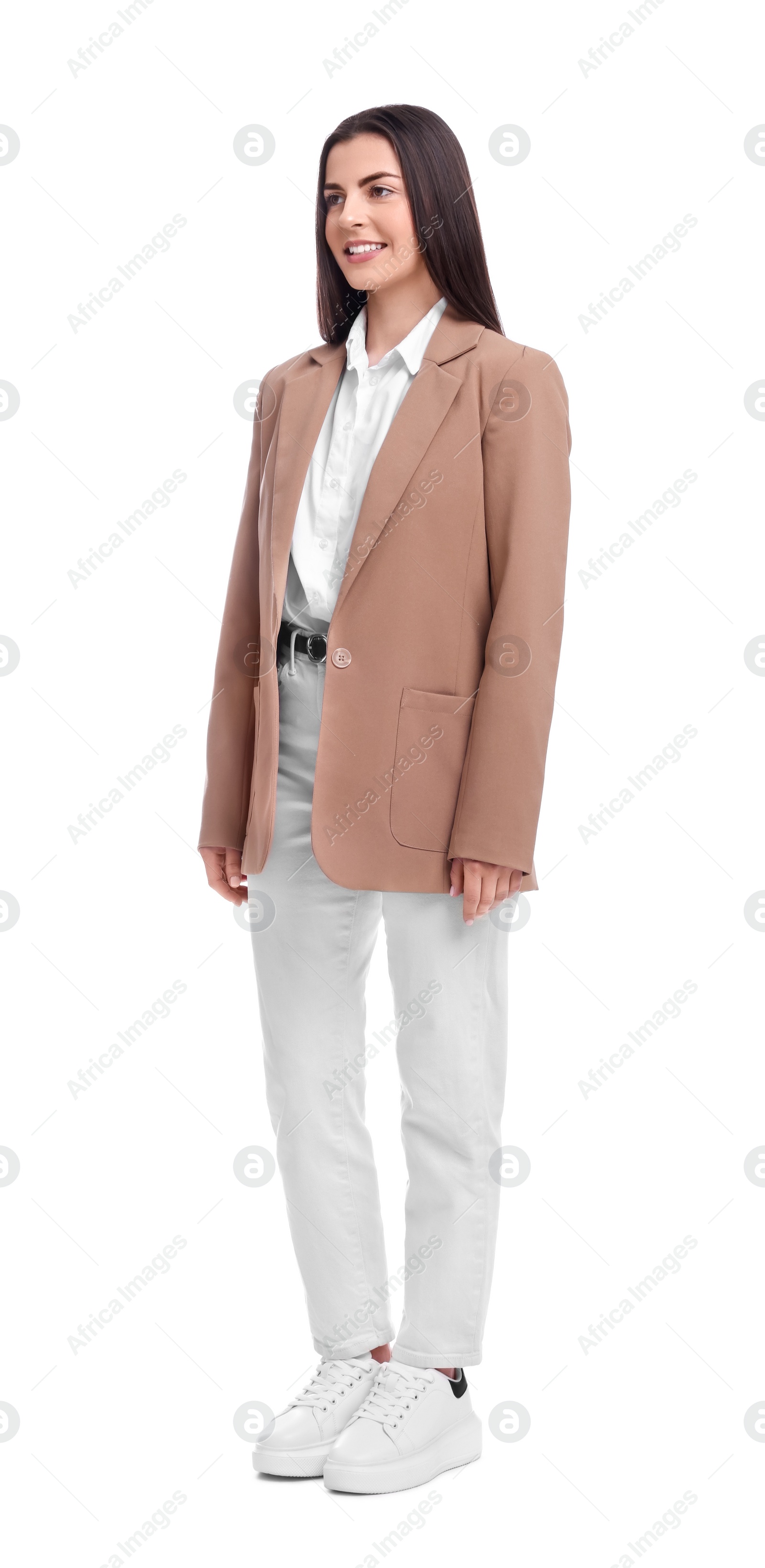 Photo of Beautiful young businesswoman in suit on white background