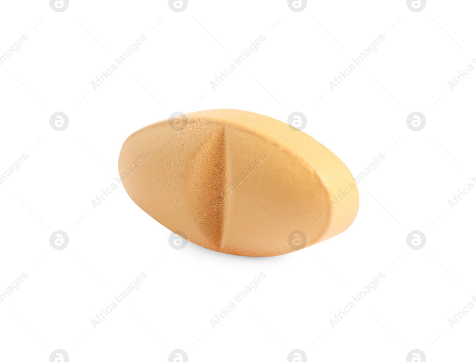 Photo of One light orange pill isolated on white. Medicinal treatment