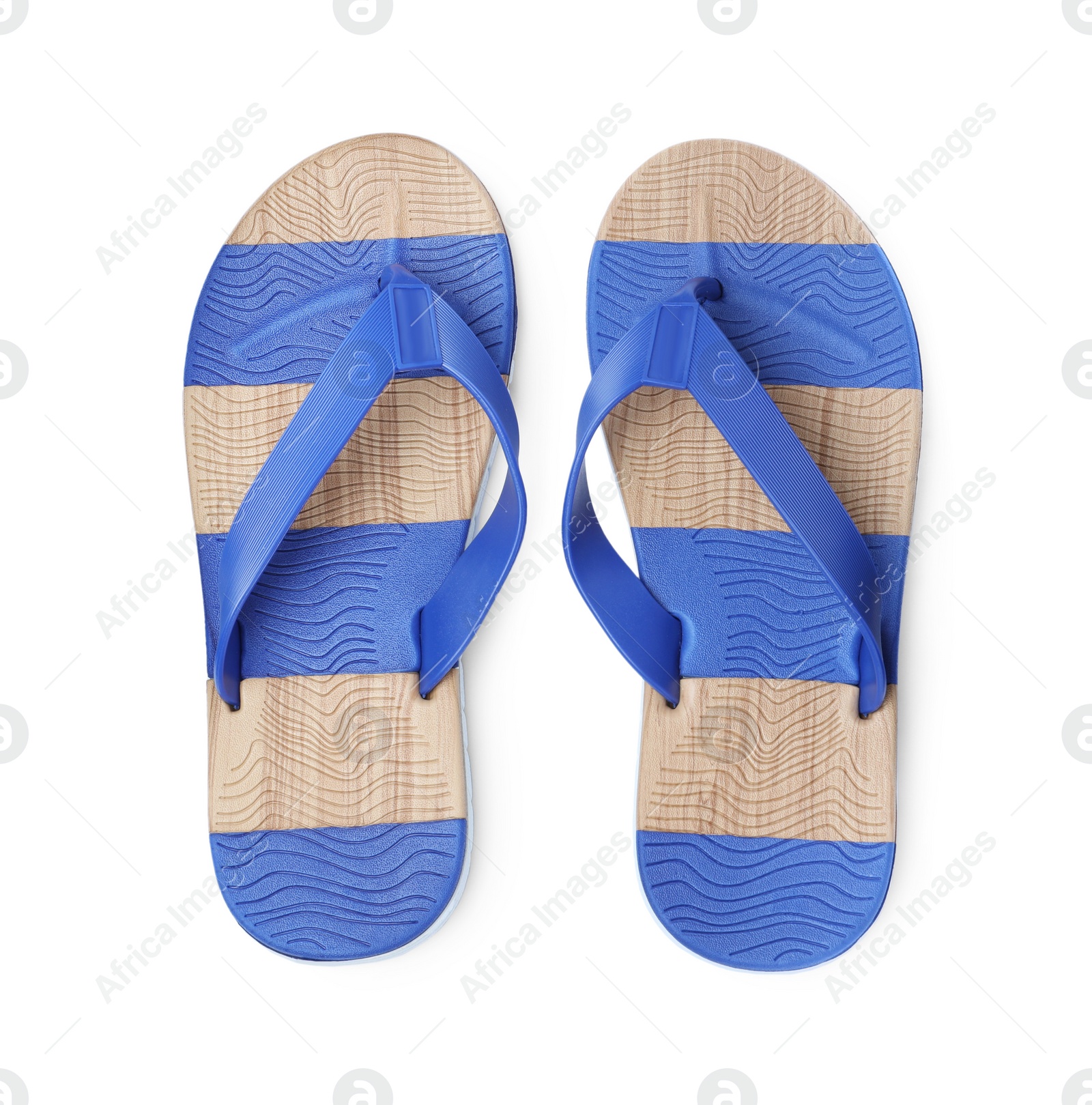 Photo of Pair of bright flip flops isolated on white, top view