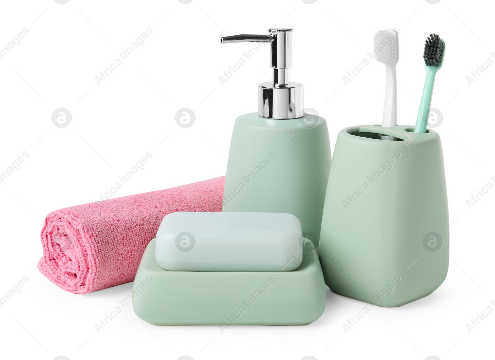 Photo of Bath accessories. Set of different personal care products isolated on white