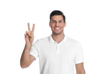 Photo of Man showing number two with his hand on white background