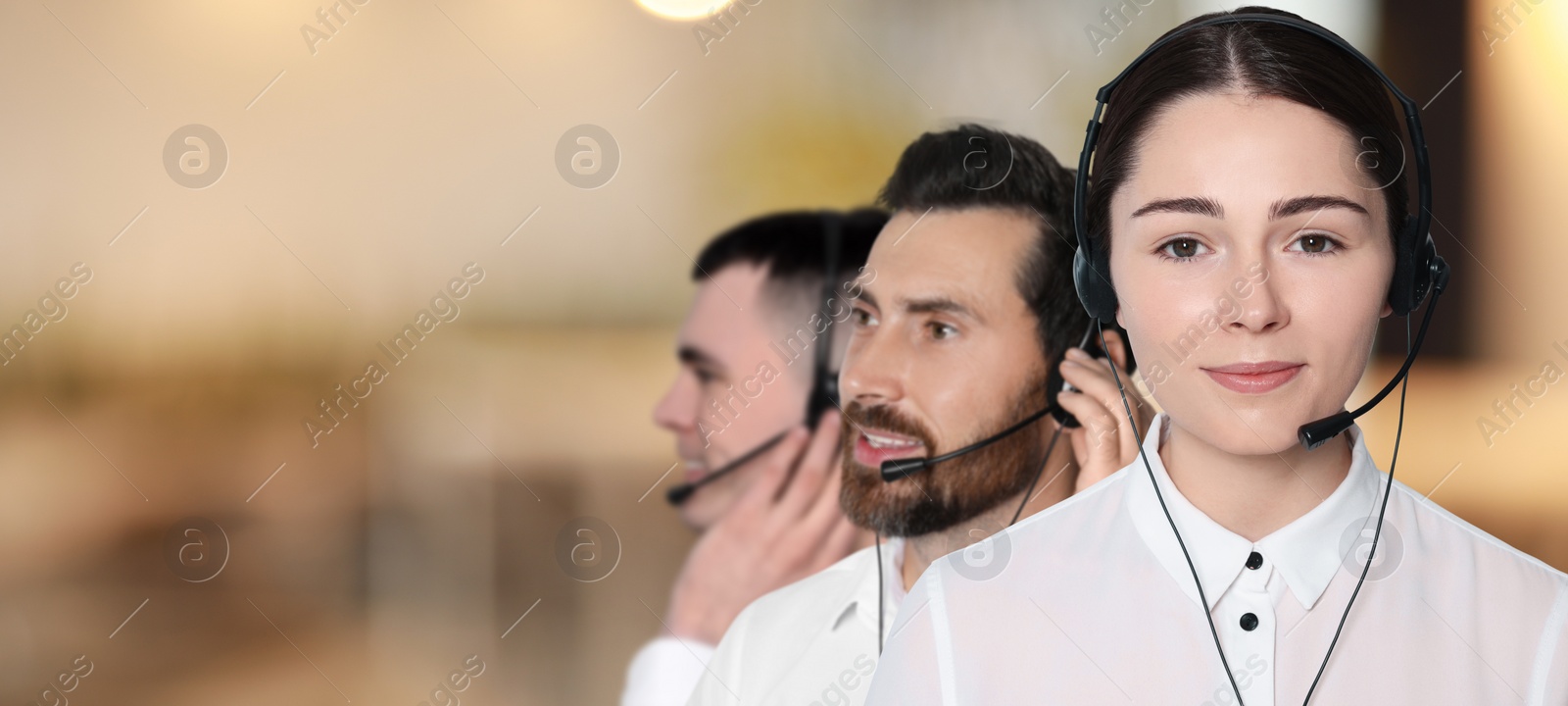 Image of Hotline operators with headsets in office, space for text. Banner design