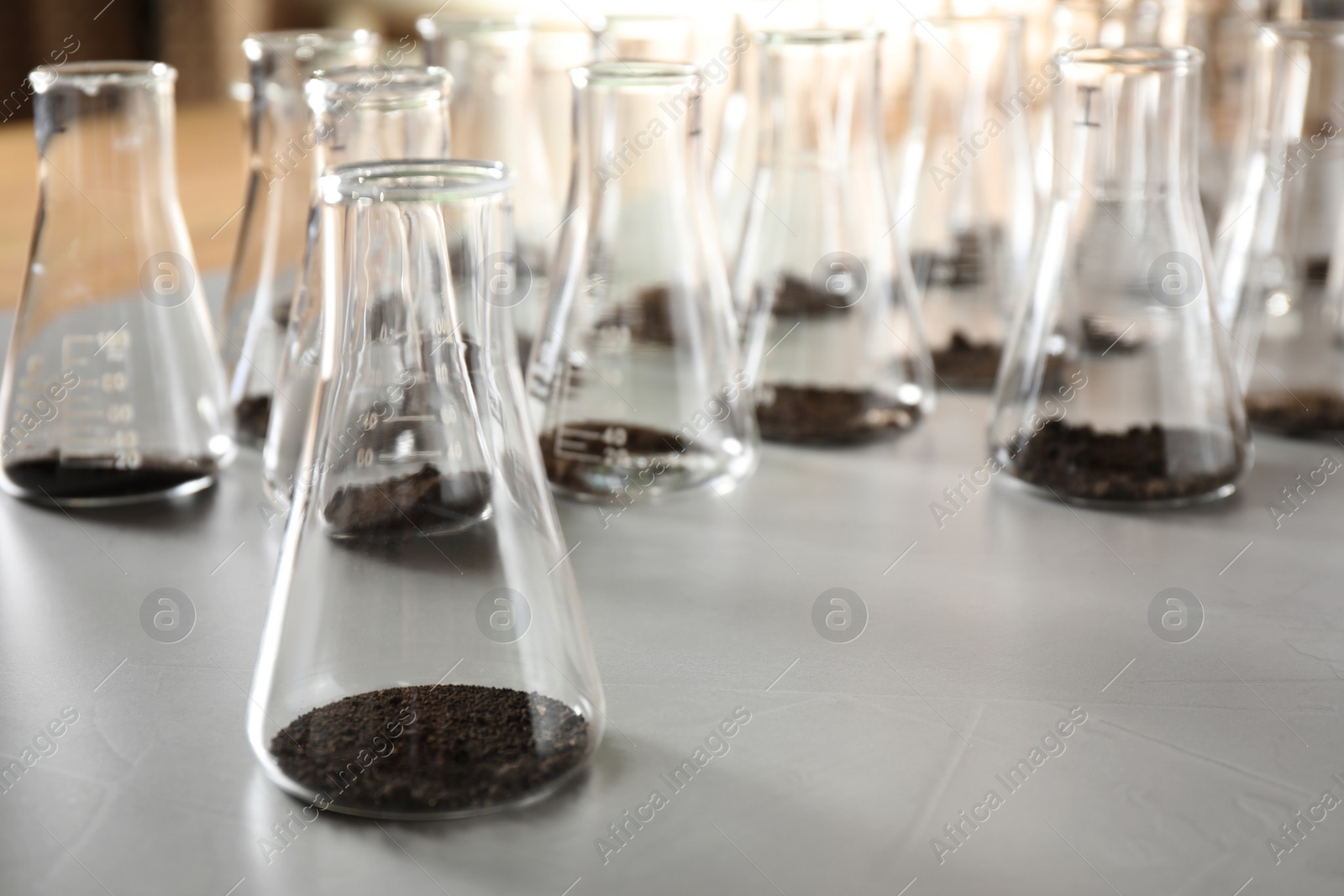 Photo of Glassware with soil samples on grey table. Laboratory research