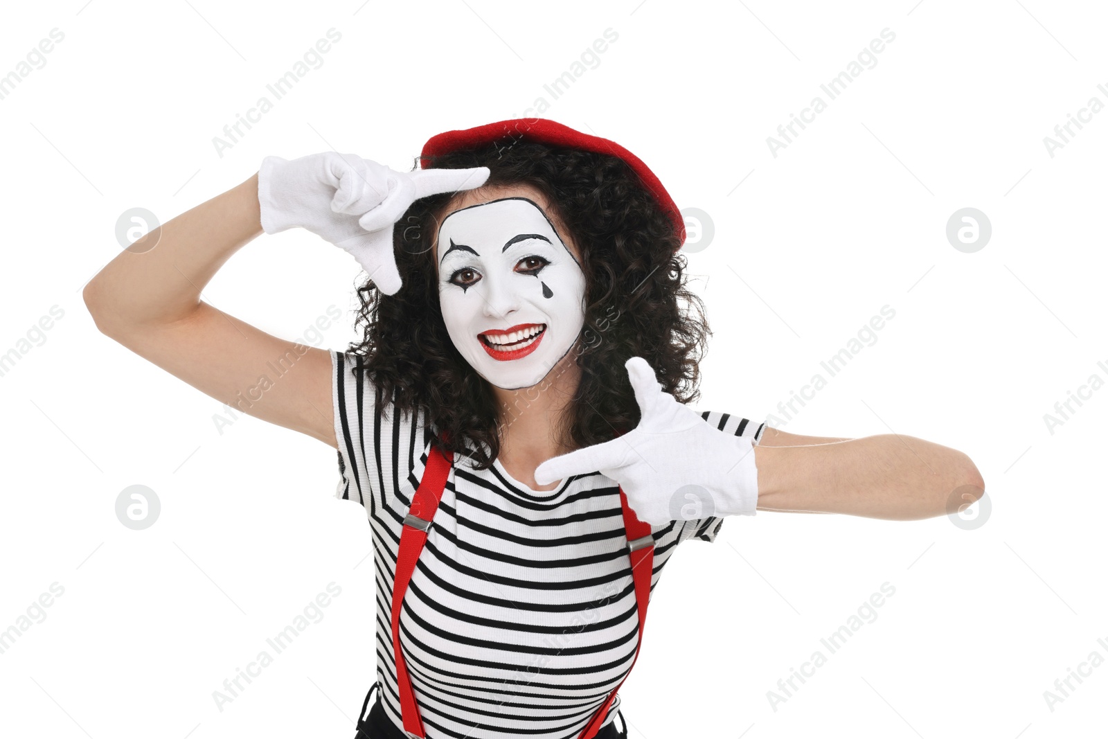 Photo of Funny mine with beret posing on white background