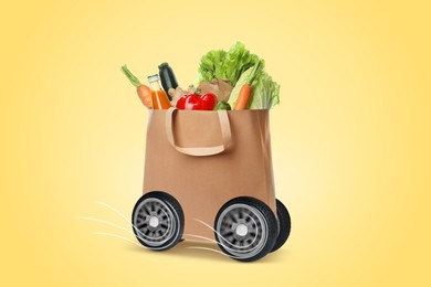 Image of Paper shopping bag full of products on wheels against pale yellow background. Order hurrying to client. Food delivery service