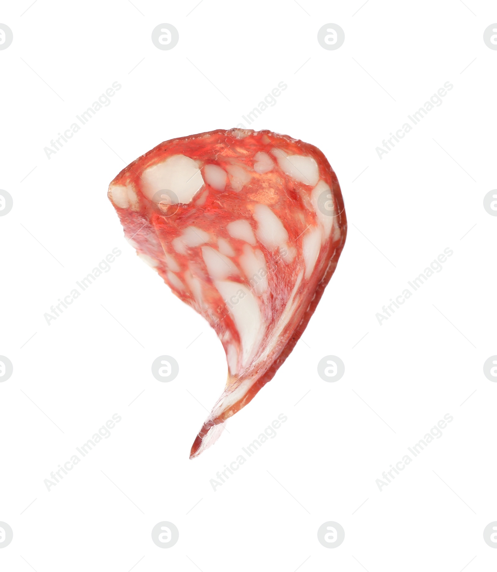 Photo of Cut fresh tasty sausage on white background