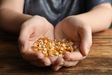 Photo of Woman holding pile of corn seeds at wooden table, closeup. Vegetable planting