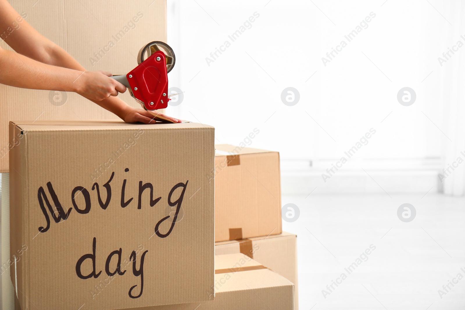 Photo of Woman packing carton box indoors, closeup. Moving day