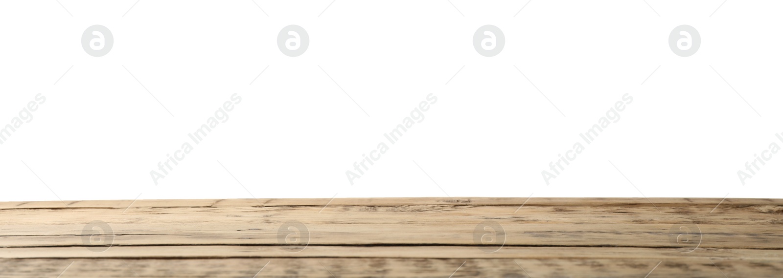 Photo of Empty wooden surface against white background. Mockup for design