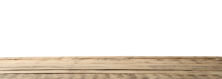 Photo of Empty wooden surface against white background. Mockup for design