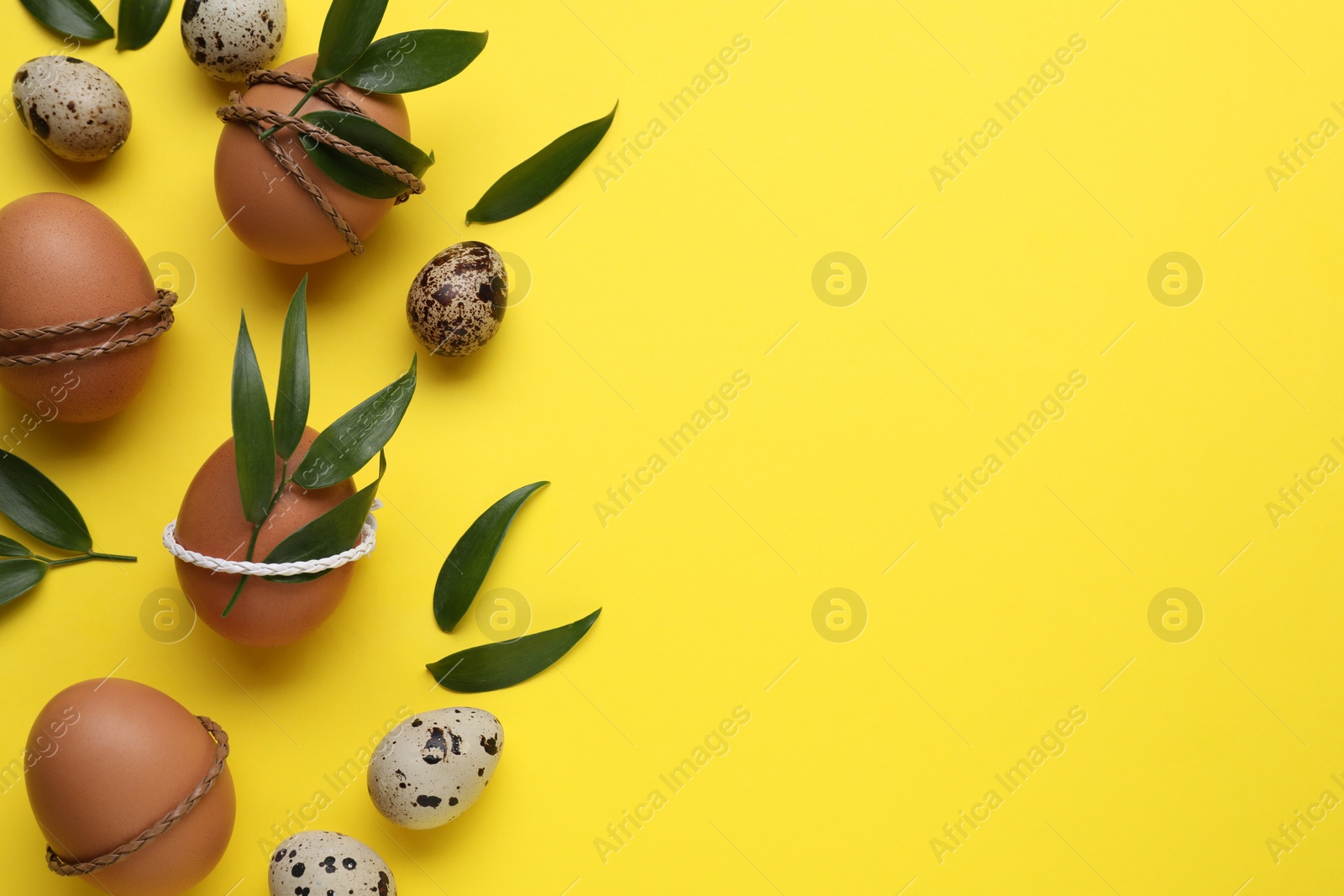 Photo of Easter eggs decorated with green leaves on yellow background, flat lay. Space for text