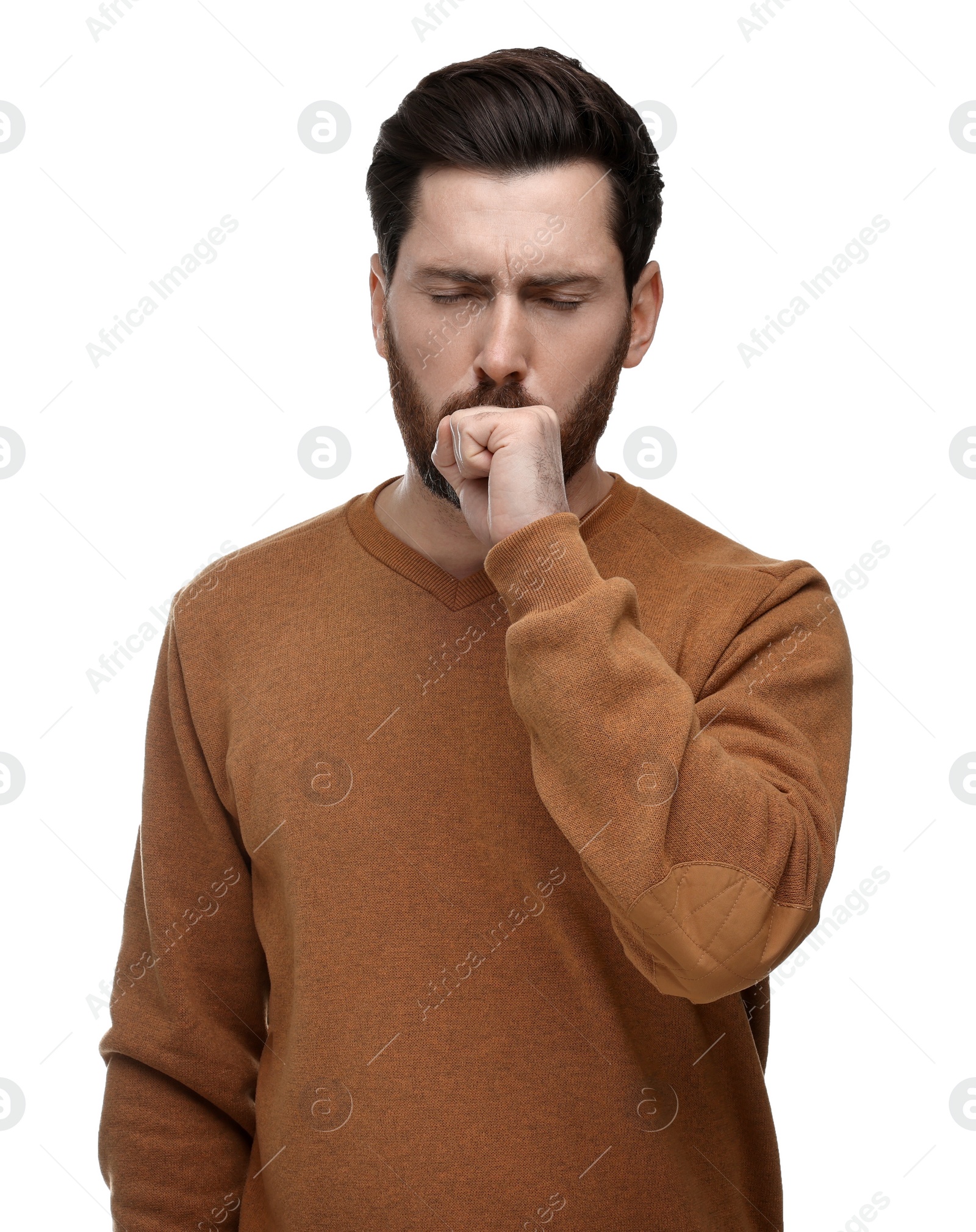 Photo of Sick man coughing on white background. Cold symptoms