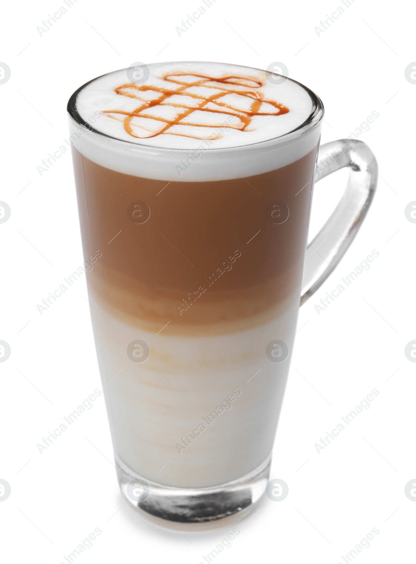 Photo of Glass cup of tasty caramel macchiato on white background