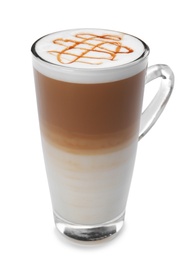 Photo of Glass cup of tasty caramel macchiato on white background