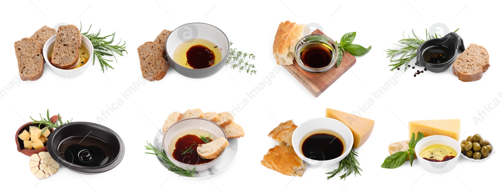 Image of Set of balsamic vinegar with oil and bread on white background