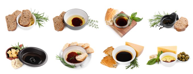 Image of Set of balsamic vinegar with oil and bread on white background