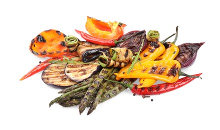 Different delicious grilled vegetables isolated on white