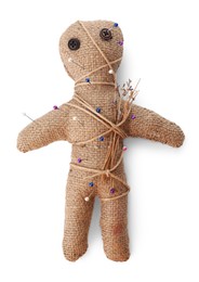 Photo of Voodoo doll with pins and dried flowers isolated on white