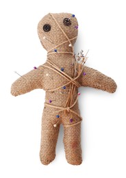 Voodoo doll with pins and dried flowers isolated on white