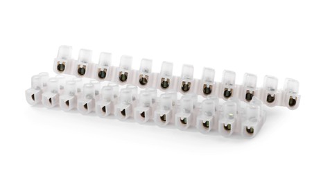 Photo of Plastic screw terminal blocks on white background. Electrician's equipment