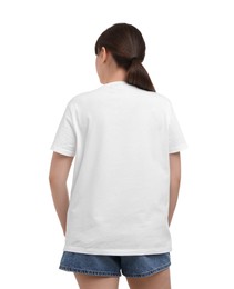 Woman in stylish t-shirt on white background, back view