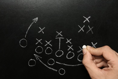 Man drawing football game scheme on chalkboard, top view