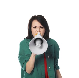 Portrait of emotional woman using megaphone on white background